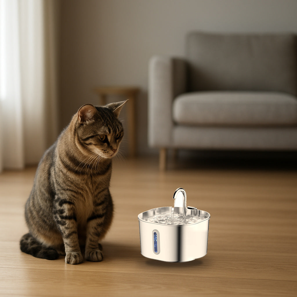 A tabby cat beside the Whiskerkind fountain at home