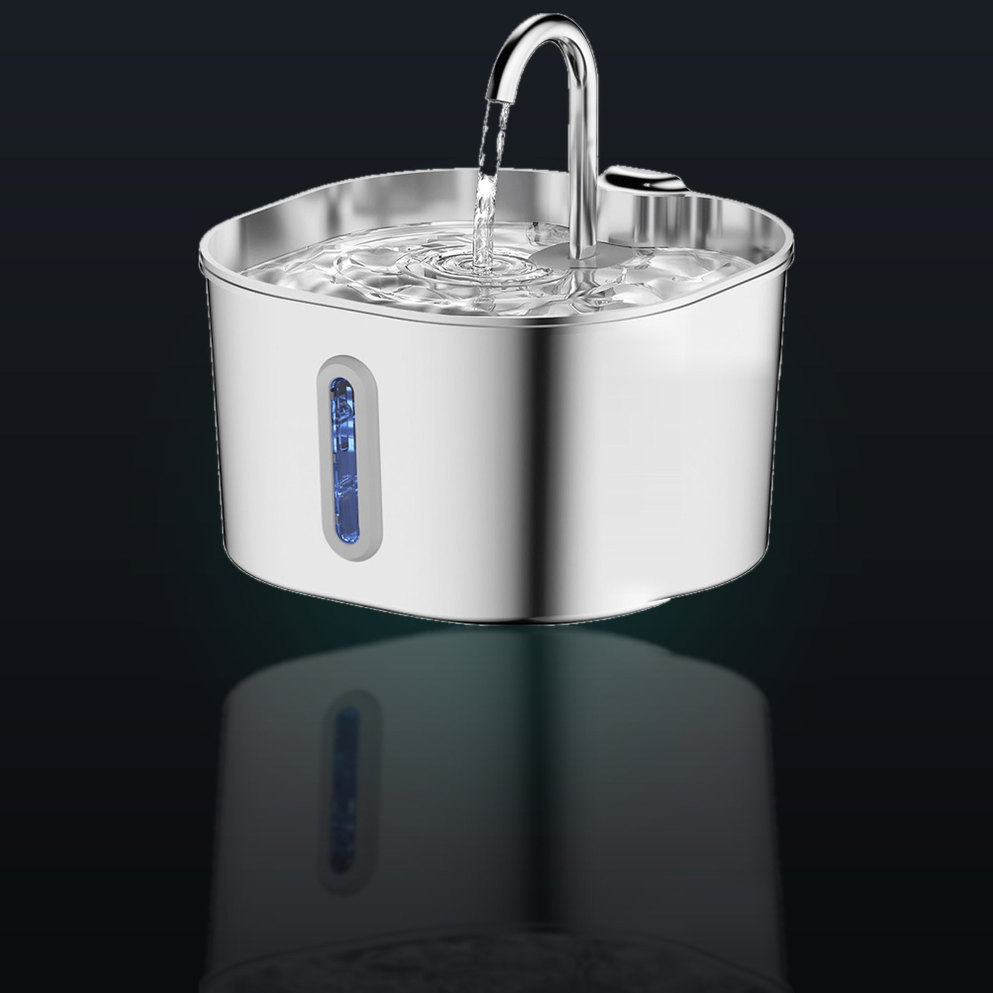 Whiskerkind 2.2L stainless steel cat fountain, studio lit with reflection