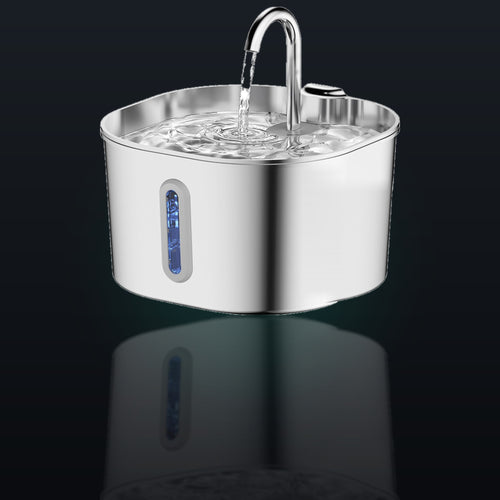 Whiskerkind 2.2L stainless steel cat fountain, studio lit with reflection